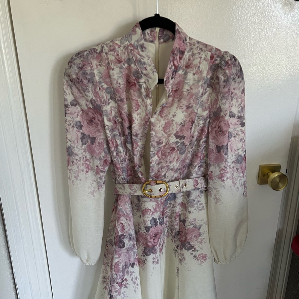 Floral Belted Midi Dress - Pink Cream